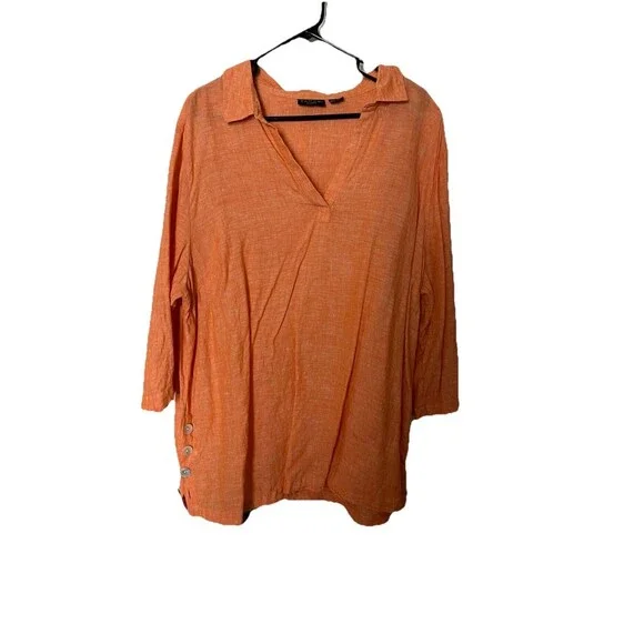 Tahari Tunic Top Womens 2X Orange  100% Linen Popover Lagenlook Coastal Beach - Picture 4 of 7